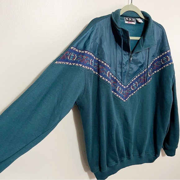 Vintage Tops - Vintage 90s Quarter Zip Green Teal Aztec Womens XL